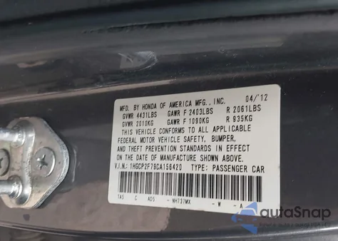 2012 Honda Accord 2.4 Ex from USA, damaged, VIN 1HGCP2F79CA156420
